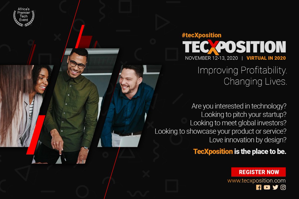 tecxposition's tweet photo. 𝗜𝘁'𝘀 𝘁𝗵𝗲 𝗳𝗶𝗻𝗮𝗹 𝗰𝗼𝘂𝗻𝘁𝗱𝗼𝘄𝗻!

Africa's premier tech event - Happening on November 12th &amp; 13th 2020

Register at: https://t.co/WX7sKi74yC

𝗗𝗼𝗻'𝘁 𝗺𝗶𝘀𝘀 𝗼𝘂𝘁!

#tecXposition #tecXpositionpitch #tecXhack4Growth #innovation #startups  #TECH4ALL #VirtualEvents https://t.co/OOq33mv0kh