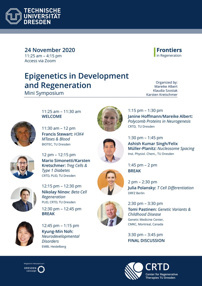 After the successful kick-off symposium, it's time to invite you to the second edition of the 2020 Frontiers in Regeneration on Nov 24th!

We have a wonderful panel of speakers and this time we focus on ➡️epigenetics ⬅️

Visit bit.ly/34Z1yTw and save the Zoom link now!