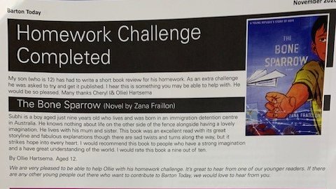 SCHA_English's tweet photo. Ollie Hartsema in Y7 has produced this amazing review of one of our class readers 'The Bone Sparrow' which has been published in the Earls Barton Village Magazine! ⭐️⭐️ #amazing #Englishstudents https://t.co/19E4Vp0wGM