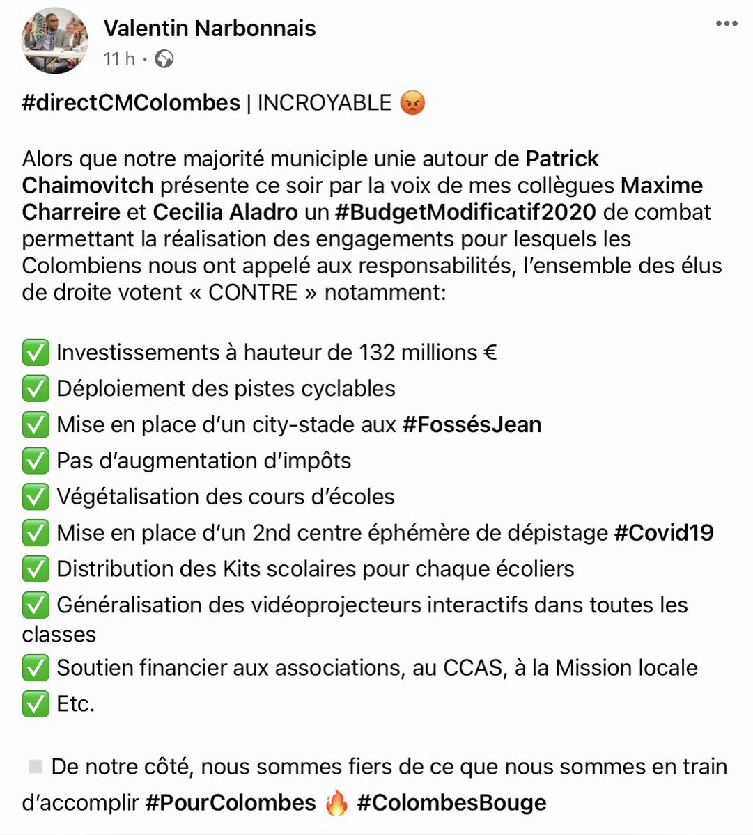 v_narbonnais's tweet photo. Hier soir en #CMColombes nous avons voté POUR un #BudgetModificatif2020 de combat pour faire vivre les #solidarités et l'#écologie à #Colombes face à une droite amère qui s'y est opposée. Il est important que les Colombiens sachent qui agit réellement sur ces sujets là ⤵️ https://t.co/ZQhO7XJzj6