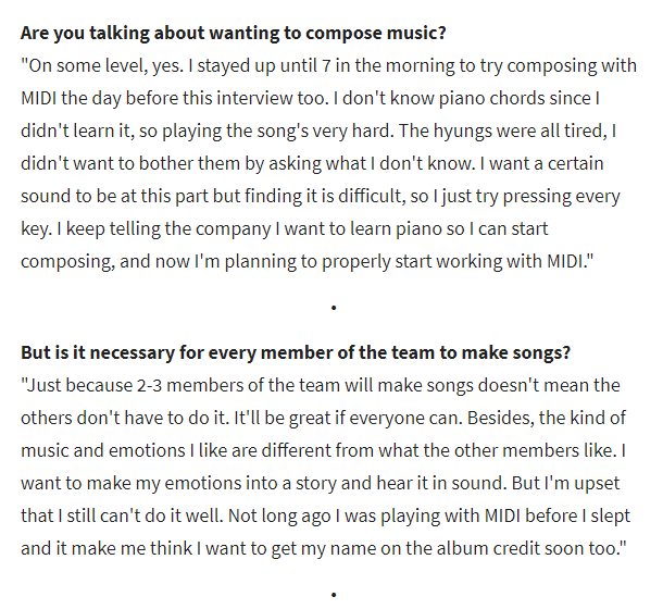 In the Wings Concept Book, JK talked about how he kept telling the company he wanted to learn piano to help him compose and how he started working with the MIDI (Musical Instrumental Digital Interface). And he spoke about the importance of all members participating in songwriting