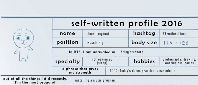 Over the years, Jungkook has been acquiring the skills and tools to song-writing, composing and production. In Jungkook’s self-written profile for Festa 2016, he said that installing a program to create music, was one of the things he was most proud of recently.