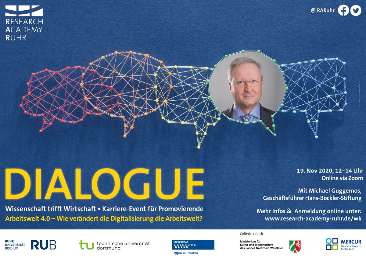 📢ANMELDEFRIST VERLÄNGERT! Noch bis zum 15.11. könnt ihr euch für den @RARuhr Dialogue anmelden &amp; am 19.11. mit Michael Guggemos, Geschäftsführer der 
<a href="/boeckler_de/">Hans-Böckler-Stiftung</a>, per Zoom diskutieren, wie die #Digitalisierung die Arbeitswelt für Promovierende verändert👉bit.ly/3mVCMKi