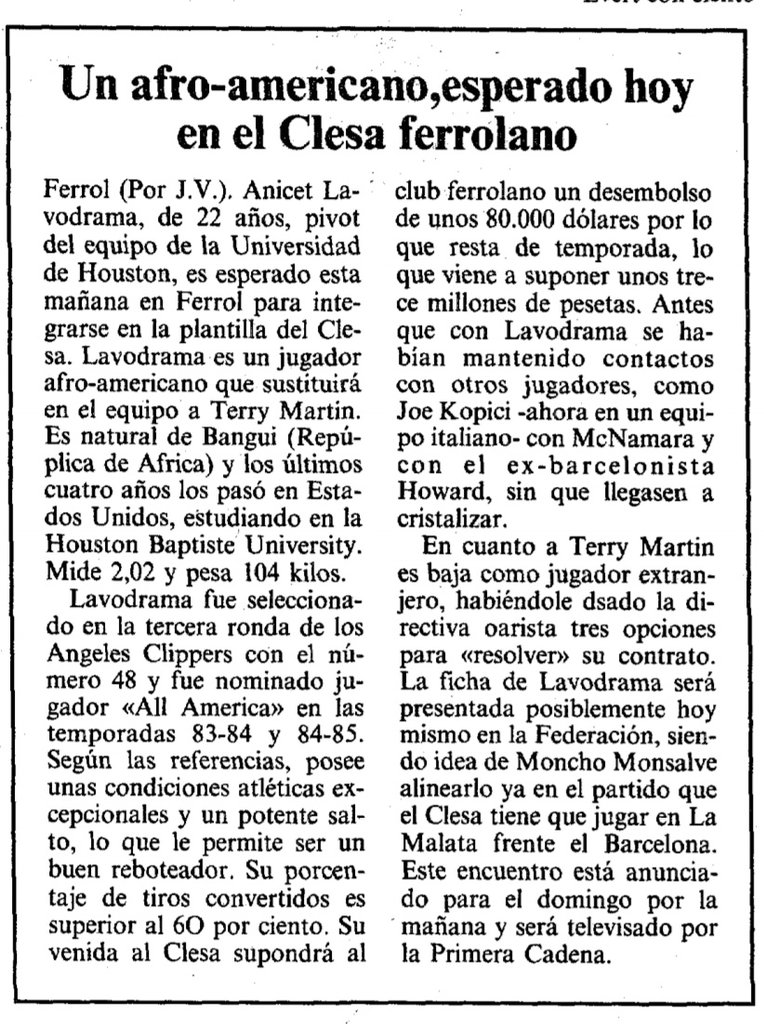 AgrasFernando's tweet photo. #TalDiaComoHoy hace 35 años llegaba a Ferrol @elfarodemeiras cambio de cromo en la plantilla ferrolana, de #TerryMartin a #AnicetLavodrama 06/11/1985 #ArchivoOAR #historiabaloncestogalego https://t.co/YiQ1jk0Ffm