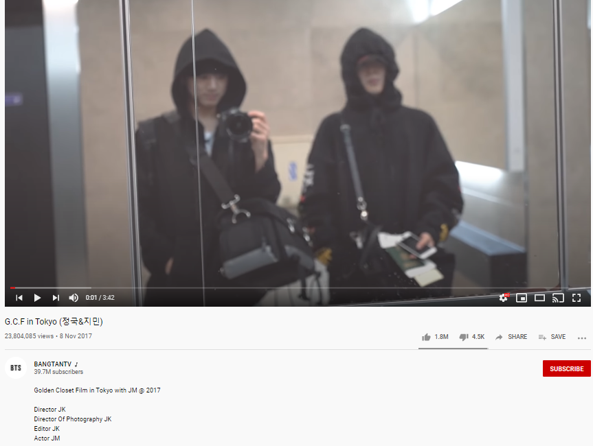 On November 8, 2017 Jungkook released his first G.C.F. (Golden Closet Film). The film was a short film using video footage he shot during his trip to Tokyo with Jimin.Another branch of the Golden Closet Studio was born – the G.C.F