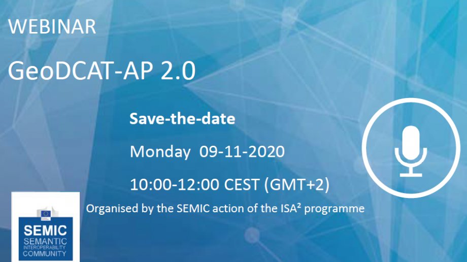 📰The very first webinar on #GeoDCAT-AP 2.0, a #DCAT-AP extension for #geospatial data, will take place on 9 November 2020❗

💎During the event, the 🆕 version will be presented &amp; the issues raised by the community will be discussed.

📌Save the date❗👉bit.ly/33WfUDT