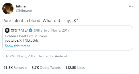 The response was very positive, not only from fans, but the company CEO tweeted “Pure talent in blood. What did I say, JK?” and Lumpens, the directors of many BTS MVs, said from now on Jungkook should film his own parts in the MV.