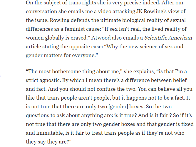 In non-Election related news, Margaret Atwood continues to come out swinging for trans rights. This is from an interview in The Times today!