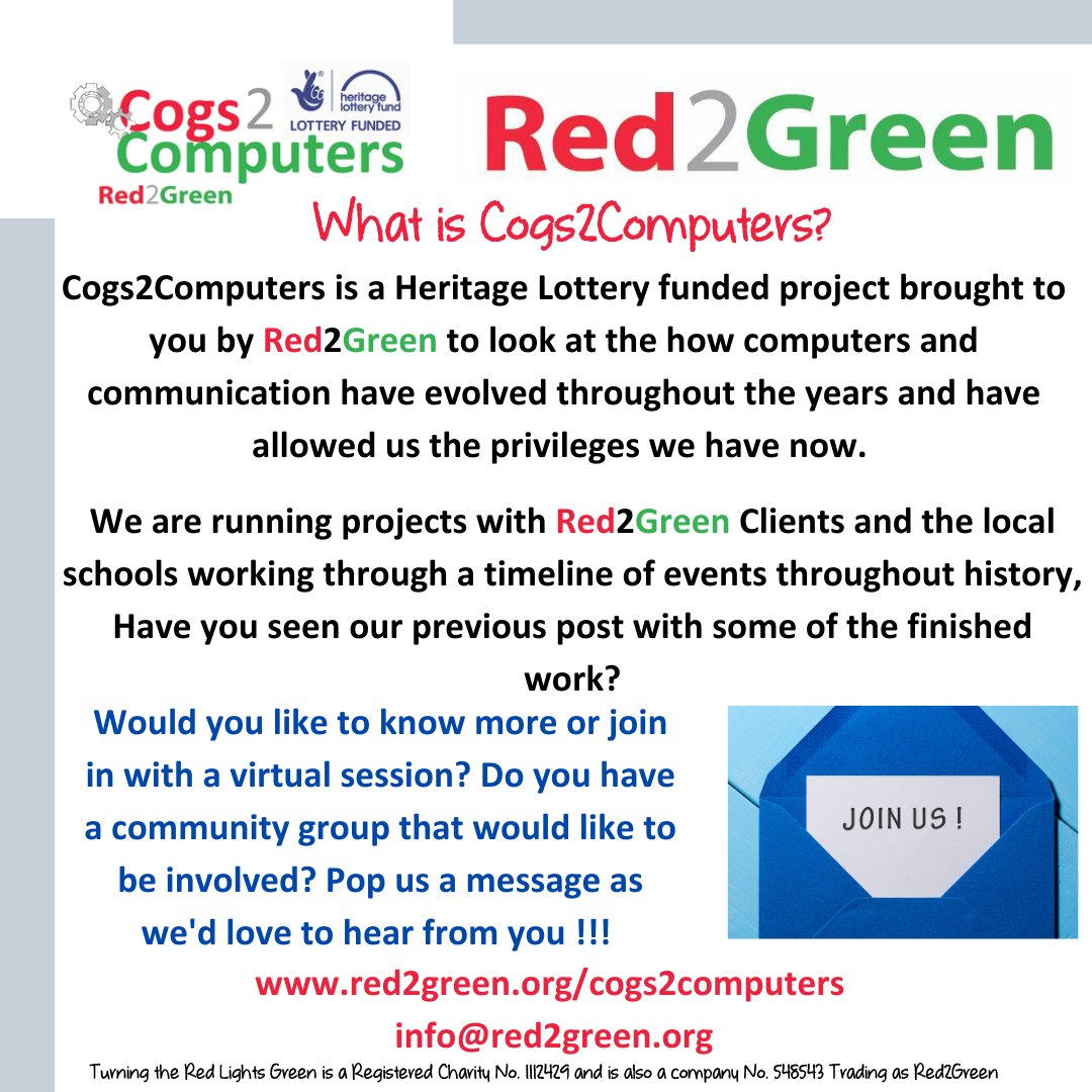 Red2GreenUK's tweet photo. Cogs2Computers is a Heritage Lottery funded project brought to you by Red2Green to look at the how computers and communication have evolved throughout the years and have allowed us the privileges we have now.
#Cogs2Computers #AbilityNotDisability #Technology #HistoryOfComputers https://t.co/mVddOulpIJ