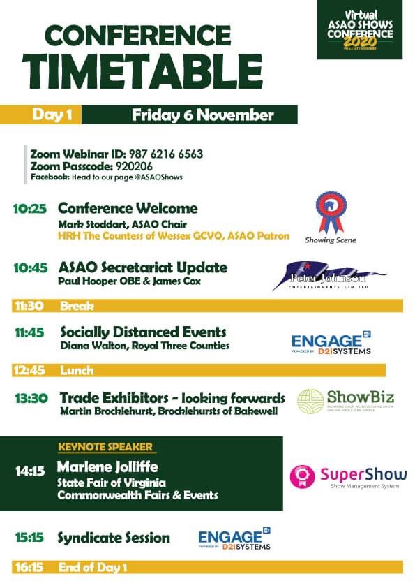 ASAOshows's tweet photo. Good Morning &amp; welcome to day 1 of the Virtual Shows Conference👋💻

View the timetable below ⬇️
Read the Conference Handbook &amp; learn about the Speakers: https://t.co/zCYXO2HDDv 📰
Watch via our Facebook page of the Webinar details within the timetable. 

Enjoy!💚 https://t.co/GoOefdV9QO