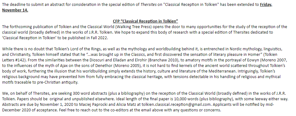 ACRSN_org's tweet photo. Extended deadline: *Nov 14* #CFP [journal] @thersitesOA #Thersites special edition: Classical Reception in Tolkien [Fall 2022] Abstract due Nov 1 Info: tolkien.classical.reception@gmail.com @duxfeminafacti9  Call: https://t.co/si1QarruH2 https://t.co/YFok08a4Xk