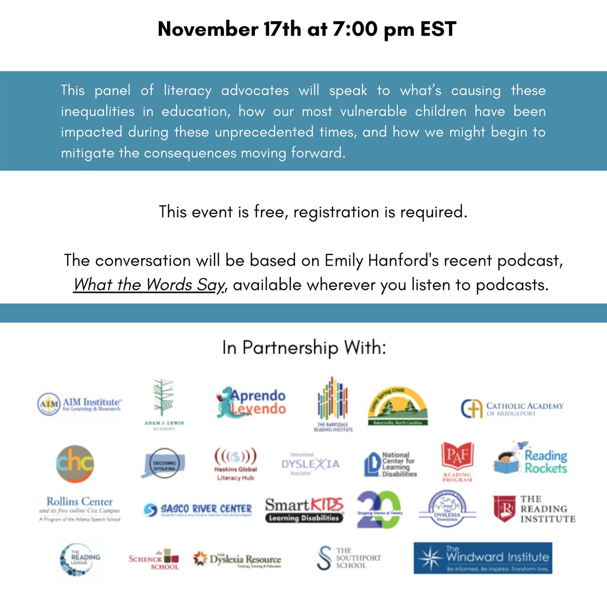 reading_league's tweet photo. Thrilled to partner on this exciting event with The Southport CoLAB and Literacy How on literacy and educational inequalities!  #Literacy #EducationalInequalities
November 17th, 2020 at 7:00 PM EST
Register for this free event here: https://t.co/BTbL4PLK2I https://t.co/r7EMNggq8P