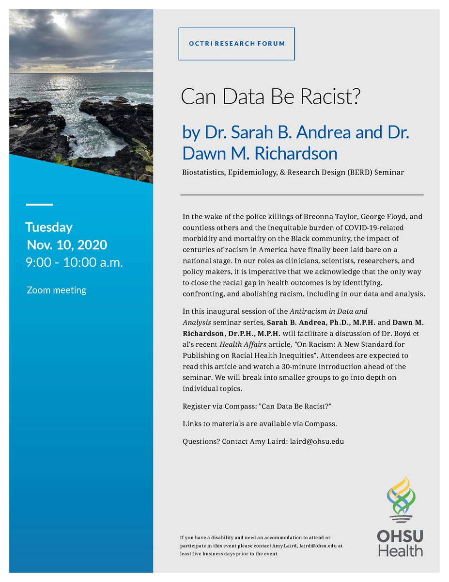 amyzlaird's tweet photo. OCTRI BERD is starting a new, exciting series on social justice issues as they arise in epidemiology and biostatistics. The first seminar, led by @SarahBAndrea and @drdmrichardson, is next week. Spots are still available but going fast! #SocialJustice #ResistanceIsPublicHealth https://t.co/s1QkY5uEEb