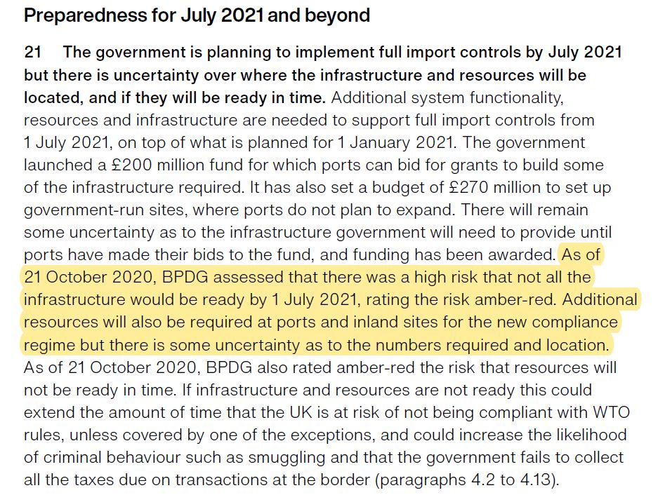 Remarkably it says that even by July 1 2021, the govt Border Delivery Groups finds "high risk" not all infrastructure will be ready...even at the end of UK's unilateral 'transition' period, which itself creates under-discussed second cliff edge. /3