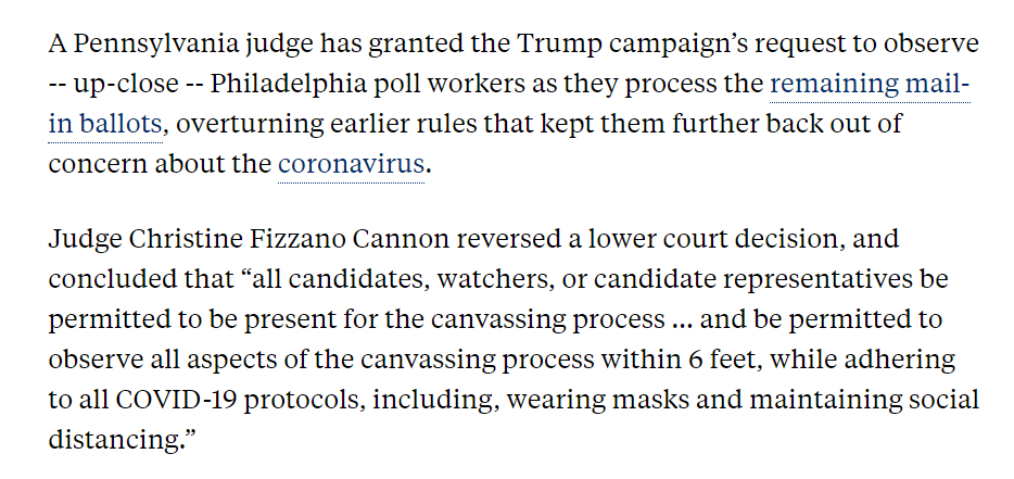 Dem flippancy about GOP ballot count observers being substantially deprived of the ability to do their jobs is appalling.Philly has flouted routine processes on this front every step of the way.It's not okay. & yes, it absolutely matters.  https://abcnews.go.com/Politics/pennsylvania-judge-permits-campaign-observers-close-view-ballot/story?id=74040279