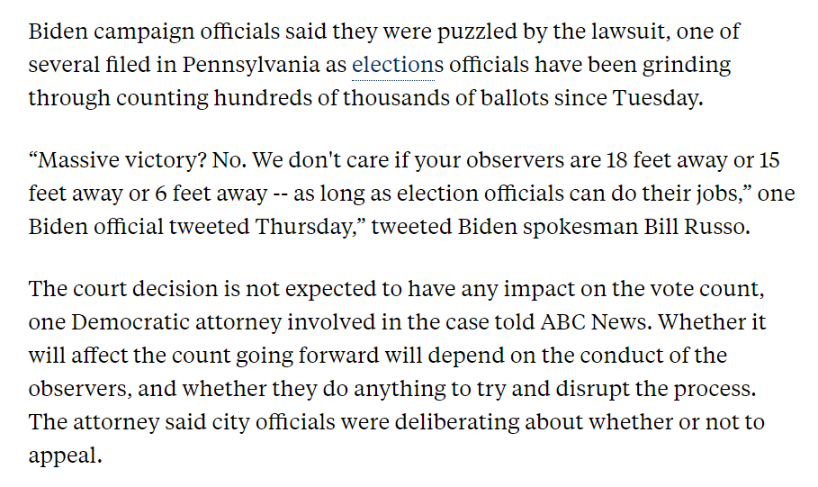 Dem flippancy about GOP ballot count observers being substantially deprived of the ability to do their jobs is appalling.Philly has flouted routine processes on this front every step of the way.It's not okay. & yes, it absolutely matters.  https://abcnews.go.com/Politics/pennsylvania-judge-permits-campaign-observers-close-view-ballot/story?id=74040279