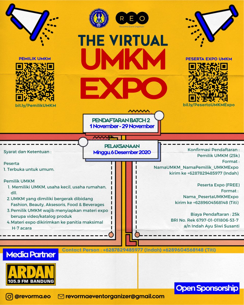 🌟 THE VIRTUAL UMKM EXPO 🌟⁣
⛔️ OPEN REGISTRATION NOW ⛔️⁣
⁣
Kapan sih acaranya? ⁣
📆 6 Desember 2020⁣
📹 Via Zoom Meeting⁣
⏰ Pukul 10.00 - Selesai⁣
⁣
Fasilitas :⁣
📄 E-Sertifikat⁣
👫 Relasi, Teman Baru⁣
💸 Lapak Promosi⁣
⁣
Info:
IG <a href="/revorma/">Revo</a>.eo⁣
087829485977 (Indah)