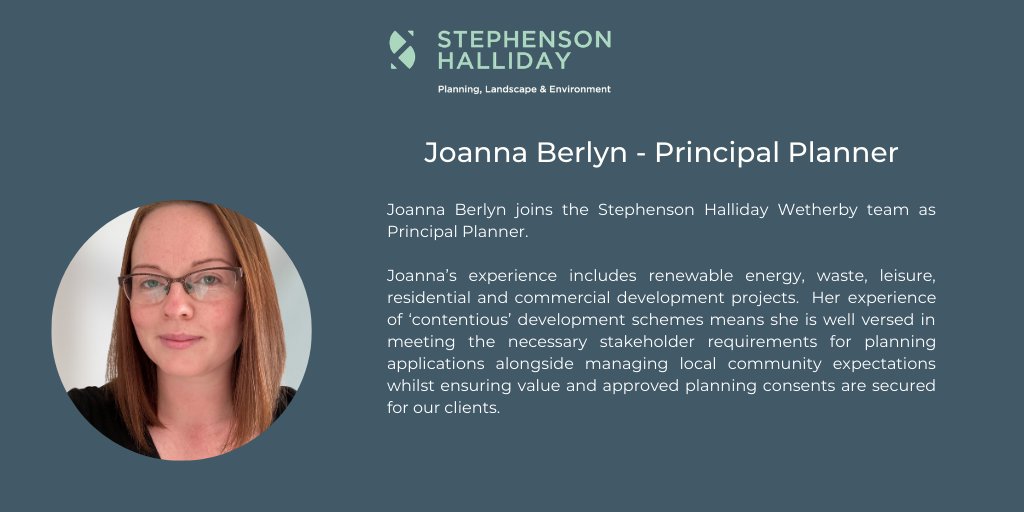 Stephenson Halliday are delighted to announce the appointment of Joanna Berlyn as Principal Planner in our #Wetherby Office. Joanna has over 14 years’ experience in private &amp; local authority sectors, managing &amp; co-ordinating #planning applications &amp; #EIA developments