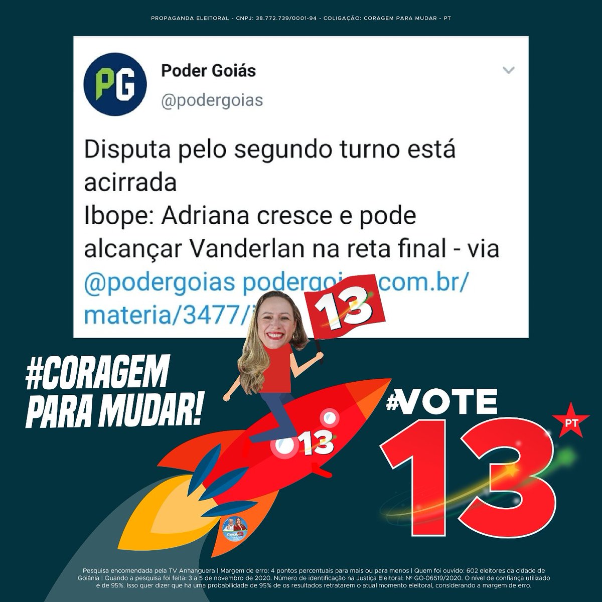 ViraVoto's tweet photo. É virada que fala? Ela tá subindo 🚀🚀🚀🚀 #viravotogoiania #DelegadaAdriana13 #vote13 https://t.co/ViTbWffHPl