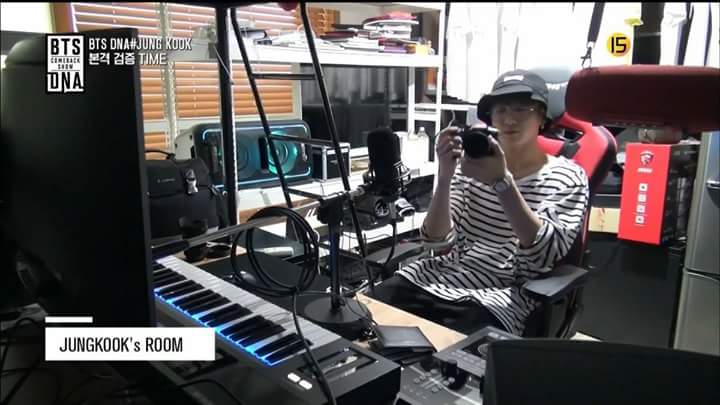 The comeback show of DNA (September 2017) featured some clips of the Golden Closet in Jungkook's room.The equipment includes desktop computer, recording setup, speakers, MIDI controller, audio Interface, among other things.