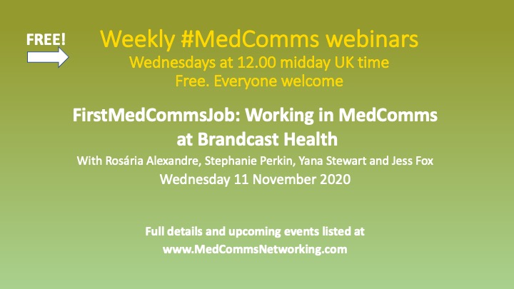 calling wannabe #medcomms specialists. Join us Wednesday 11 November to learn about working life at digital MedComms agency, <a href="/BrandcastHealth/">Brandcast Health</a> with Rosária Alexandre and Stephanie Perkin and Yana Stewart and Jess Fox. Everyone welcome zoom.us/webinar/regist…