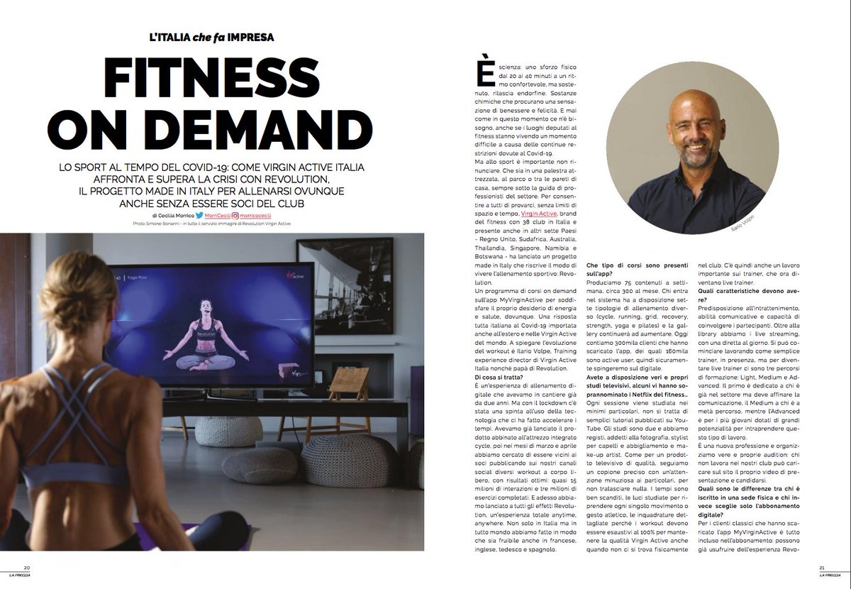 virginactiveIT's tweet photo. @IlarioVolpe, Training Experience Director di Virgin Active: “Benessere, felicità: le sensazioni dopo 20’-40’ di allenamento. Con le classi live e on demand di #Revolution ci si allena ovunque, sempre sotto la guida dei #LiveTrainer.” @fsnews_it, pp.20-22 https://t.co/c6sDIbvldg https://t.co/TwIlasDgYl