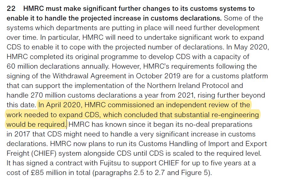 What about the computers needed to process all those 270m declarations? Well, an audit in APRIL 2020 found that HMRC's new CDS customs system wasn't up to it and would need "substantial re-engineering" to copy, so we'll now plug along with a mix of CDS and the old CHIEF /7