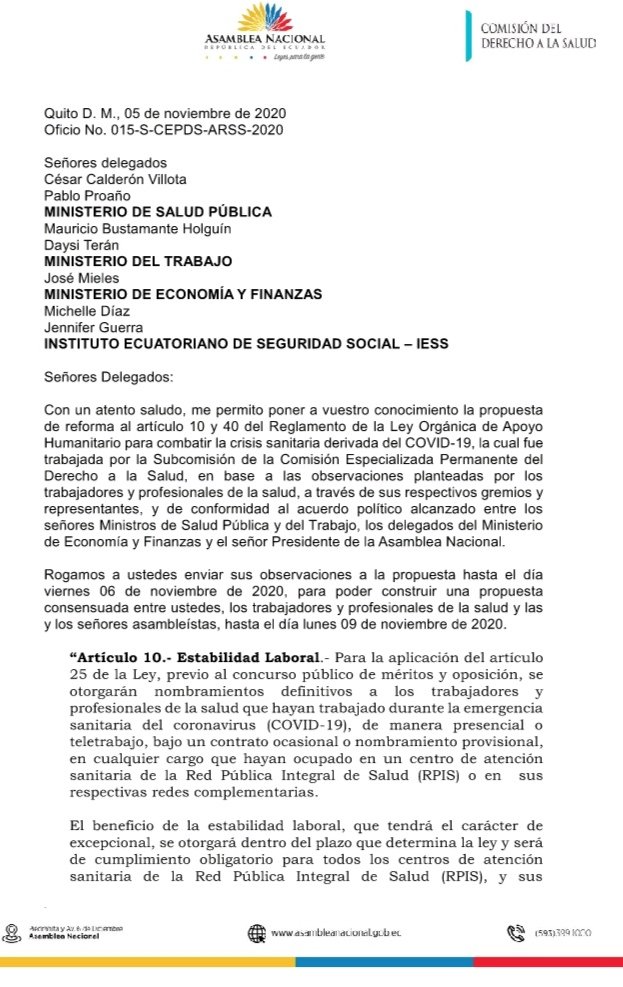 rodricollaguazo's tweet photo. CAUSA JUSTA LA LUCHA DE TRABAJADORES Y PROFESIONALES DE LA SALUD.

La Subcomisión de Salud, aprobó la propuesta de reforma a los artículos 10 y 40 del reglamento a la ley "humanitaria", la cual fue enviada  a los ministros de Salud, Trabajo, Economía  e IESS, para su análisis. https://t.co/P9ggbO9N2L