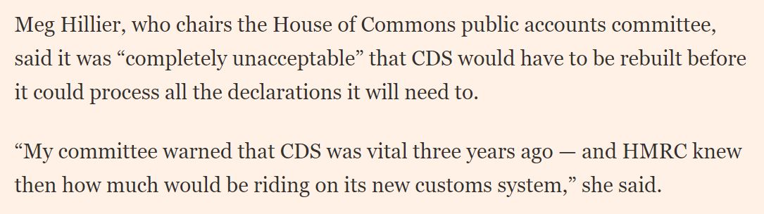 As the NAO points out: "HMRC has known since it began its no-deal preparations in 2017 that CDS might need to handle a very significant increase in customs declarations."  @Meg_HillierMP chair of  @CommonsPAC says this is "completely unacceptable" and the cmme warned 3 years ago./8