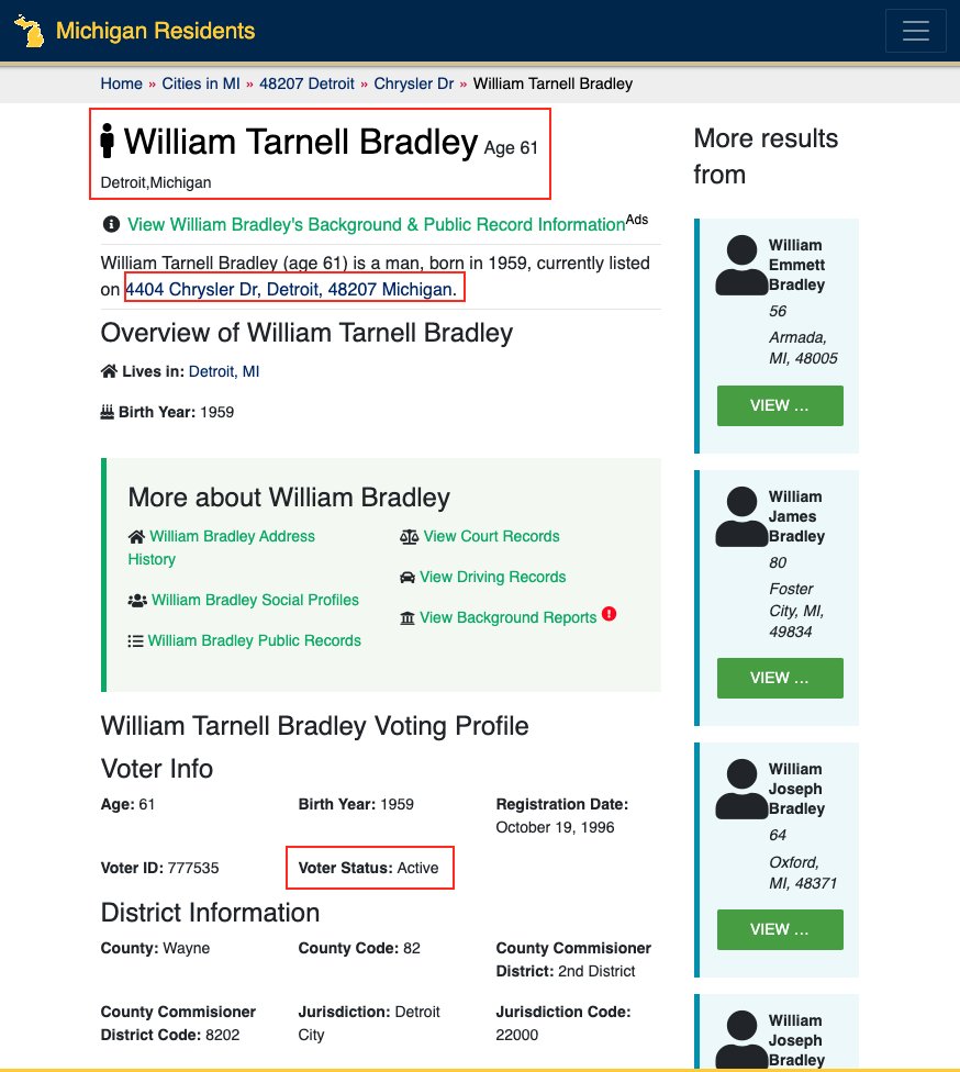 harrypak's tweet image. Turns out, there are two "William Bradley"s in MI living at the same address. Most likely a clerical issue, which has already been disputed by the 118y.o William Bradley's "Challenged" voter status.

Stop fearmongering and undermining the legitimacy of the votes. You lost MI.