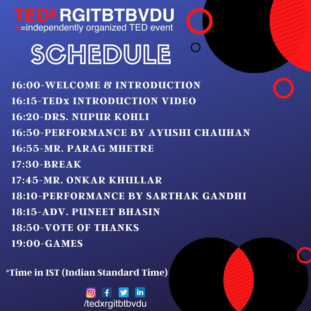 tedxrgitbtbvdu's tweet photo. Presenting the schedule for our first ever tedx event! 
This is one of a kind event you definitely don't wanna miss!
As the saying goes, "Journey is better than the destination", we want all of you to be a part of this amazing journey with us. https://t.co/GkptU5rCJ0
