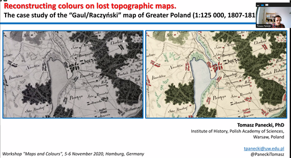 dominik_stoltz's tweet photo. Tagung #mapsandcolours geht weiter u.a. mit einem Vortrag zur digitalen Rekonstruktion von Farben auf Karten, von denen kriegsbedingt nur Schwarzweißreproduktionen erhalten sind. Eindrucksvolles Beispiel, aber alles digitale "Handarbeit" - anregende Diskussion nachher. https://t.co/KMFkmVdAPs