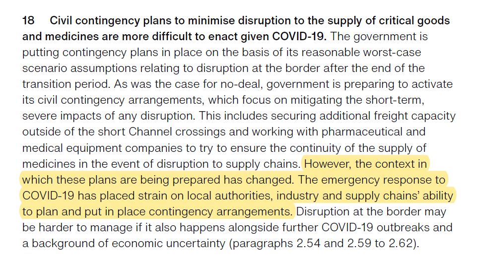 As, incidentally does Covid...with the NAO warning that the govt's civil contingency planning measures (on medicines supply etc) are likely to be harder to enact. Certainly the drug industry has raised concerns. /12 https://www.theguardian.com/society/2020/oct/06/nhs-faces-drug-shortages-as-brexit-stockpile-used-in-covid-crisis