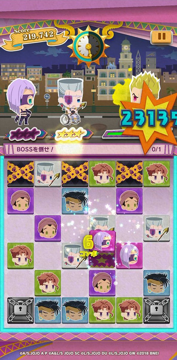 ジョジョのピタパタポップ 強敵連戦攻略 5戦目のdioは 黒 オジャマを放置しているとどんどん下に落としてジェイルに変えていってしまいます 黒オジャマは盤面の上側へ格子状に出てくるので下側がオジャマで埋まる前にボックスやスキルで一気に処理し