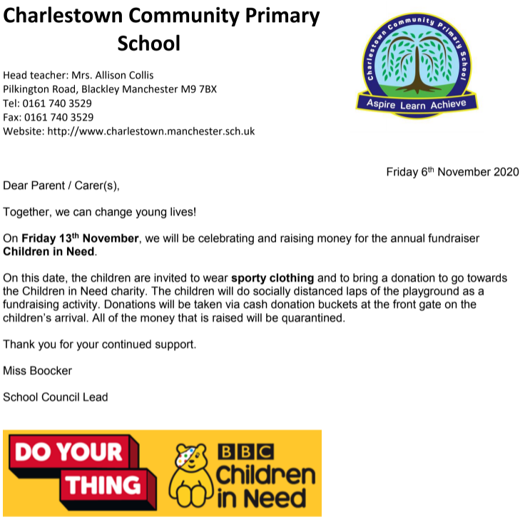Charlestown_Pri's tweet photo. Please see letter about Children in Need @BBCCiN from Miss Boocker.

Children in Need is next Friday, 13th November.

Thank you. https://t.co/IzYgCvNjJ1
