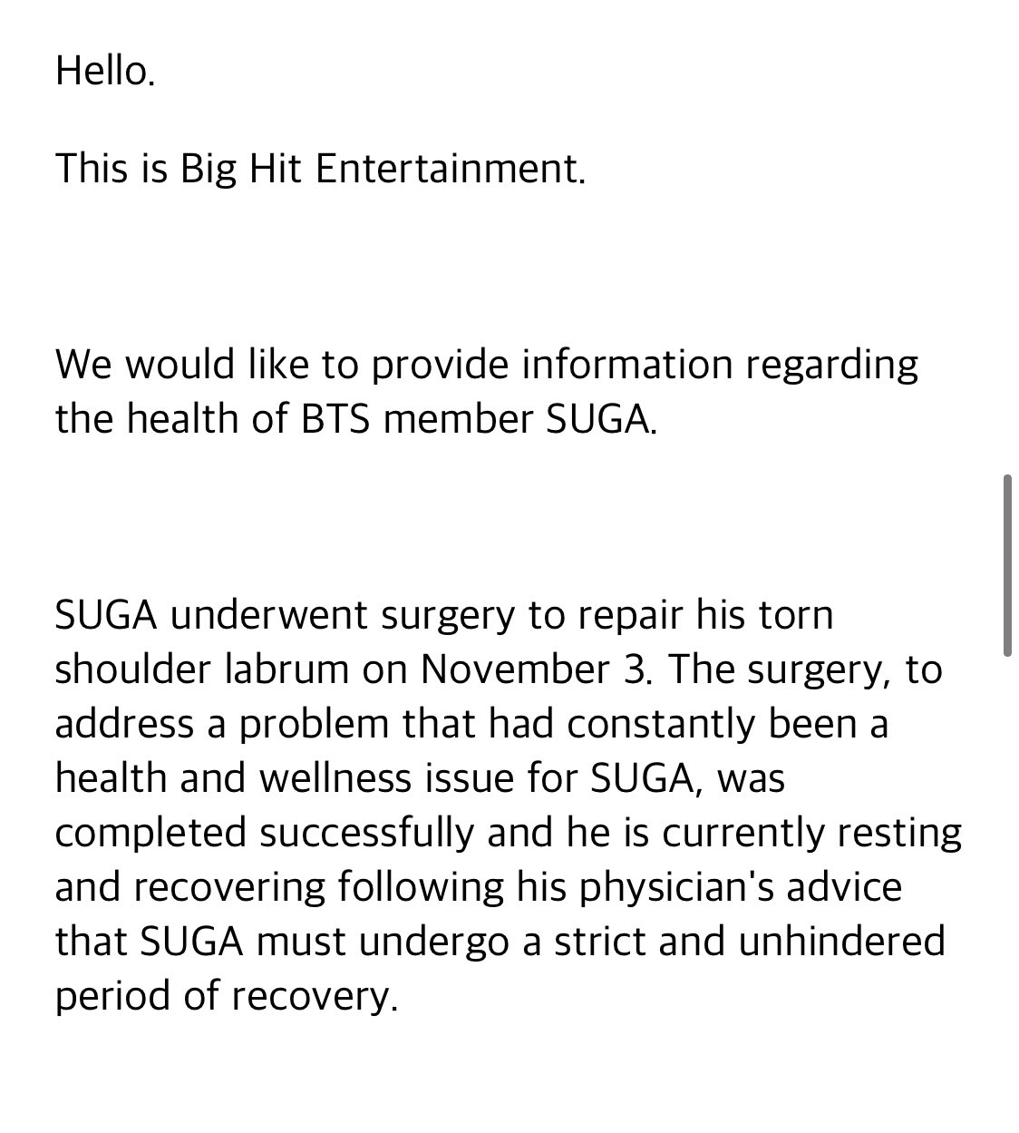Soo Choi Rest Bighit Announcement About Suga S Health Bts Twt T Co M2jsnqelc0 Twitter