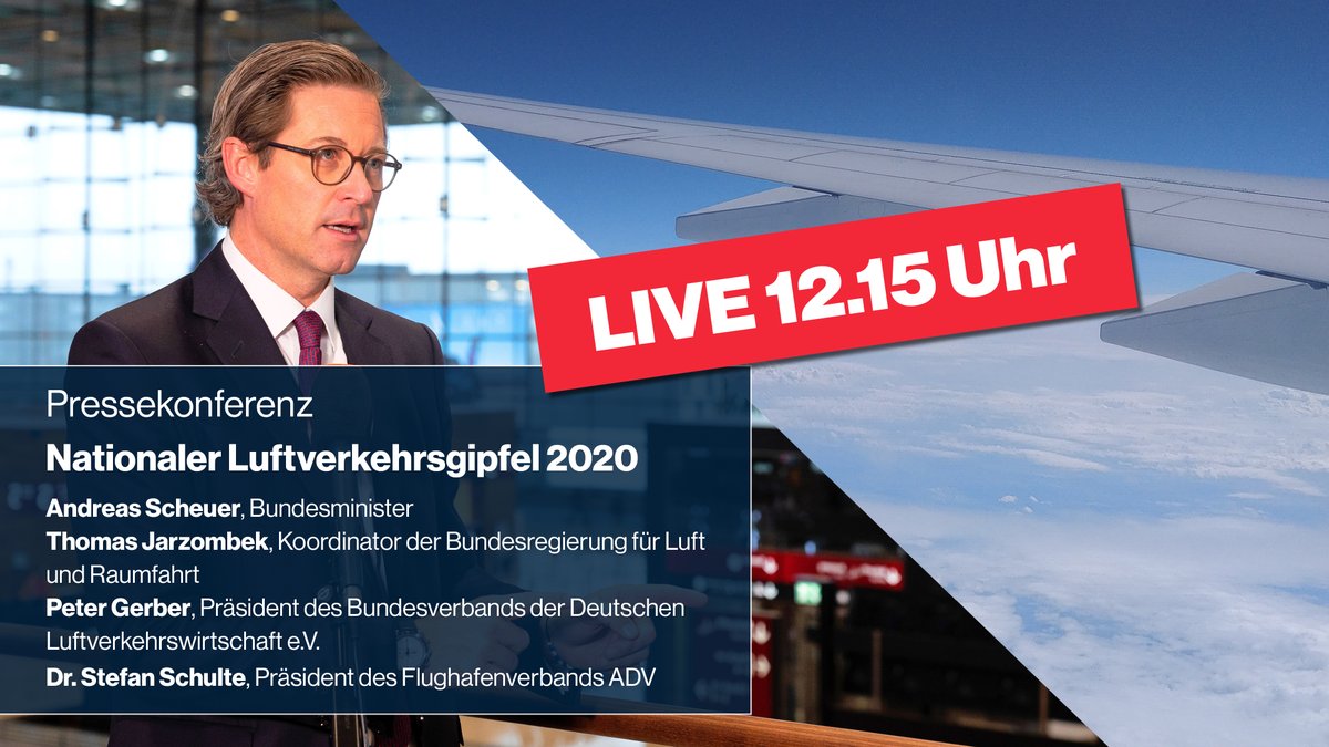 BMV's tweet photo. Heute findet der Nationale #Luftverkehrsgipfel 2020 statt: Die #Pandemie meistern! „Wir sprechen heute mit allen Beteiligten über die Herausforderungen &amp; Unterstützungsmaßnahmen. Es geht um viele Beschäftigte“, so BM @AndiScheuer. 
⏰ Freitag 12.15 Uhr 👉 https://t.co/49nhla6UVF https://t.co/sNGfSYYkM0