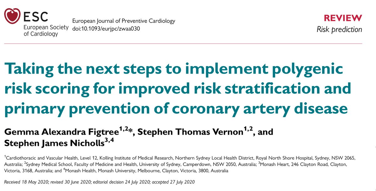 Thanks @ ESC_Journals for the opportunity to provide review and perspective regarding polygenic risk score and the challenges of clinical implementation <a href="/ProfSNicholls/">Steve Nicholls</a> <a href="/steve_vern/">Steve Vernon</a> <a href="/OzCvA/">ACvA</a> <a href="/thecsanz/">CSANZ</a> <a href="/heartfoundation/">Heart Foundation</a> <a href="/USYD_CVI/">Cardiovascular Initiative, University of Sydney</a> <a href="/WARC_USYD/">Westmead Applied Research Centre #WARC_USYD</a> <a href="/DrSarahjZaman/">A/Prof Sarah Zaman</a> @rebeccaortega30 <a href="/JRedHeart/">Julie Redfern AM ♡</a>