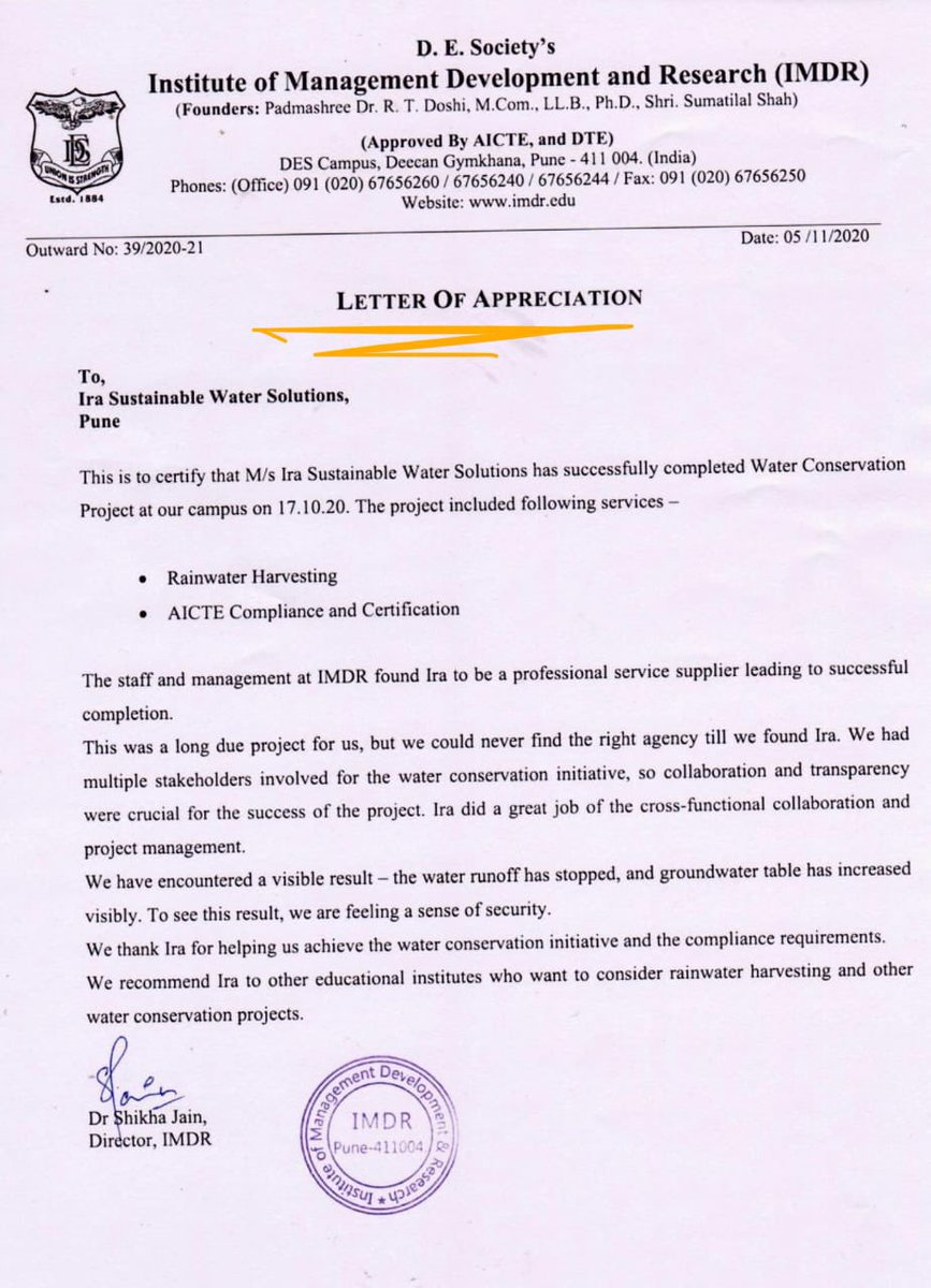 IraWater's tweet photo. Deccan Education Society is one of the oldest and most reputed institutions in India est. 1884. It’s an honour to help IMDR College conserve 5 lakhs litres of water/year hereafter. Thank you for the Appreciation Letter. 
Making #India #WaterSecure

#WaterFirst #AtmanirbharBharat https://t.co/HHxZM5x4pM