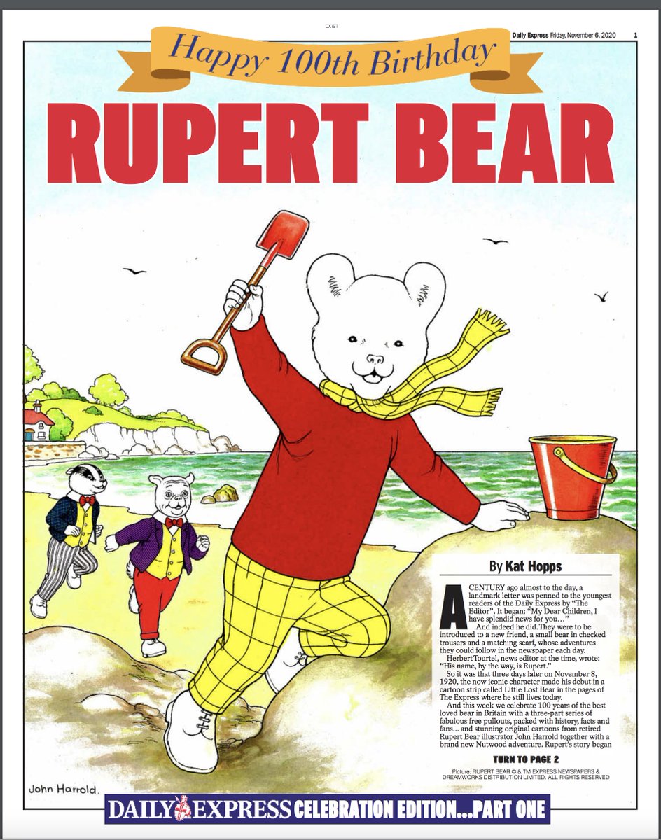 MattNixson's tweet photo. It's #RupertBear's 100th birthday on Nov 8 – a centenary since Lord Beaverbrook asked for a #DailyExpress cartoon strip for kids. Look out for our brilliant pullouts by @kathopps from today and over weekend in Daily &amp; Sunday Express. New Rupert art and stories https://t.co/naiAR6Hhr6