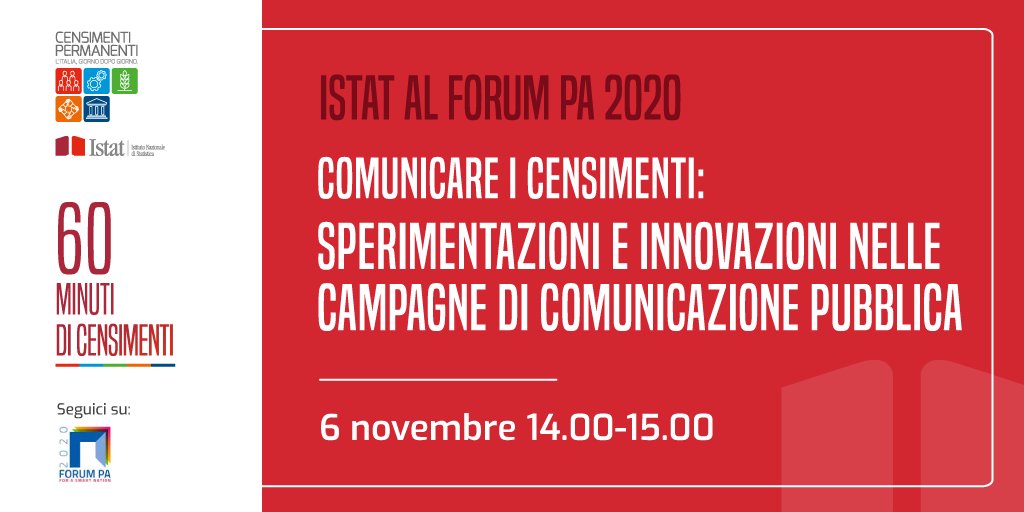 ⏰#60minutidiCensimenti 

💻#Digital #crossmedialità ed #engagement per comunicare i #censimenti. 

Ne discutono nel web talk #MicaelaPaciello, @FVannucchi  @caruso_xenia e #GiuliaMottura #Istat.

Info: 
👉istat.it/it/archivio/24… 

#FORUMPA2020