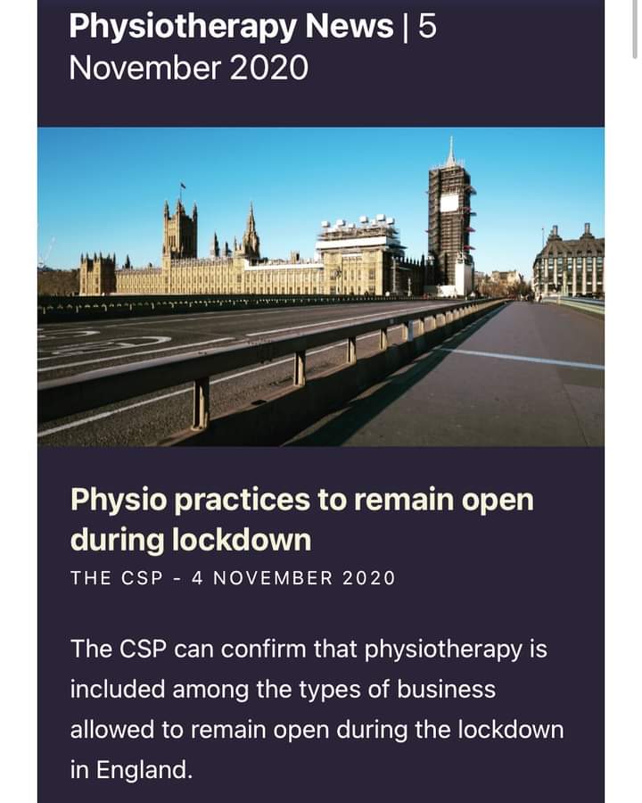 We are pleased to say for this lockdown C &amp; C physiotherapy will continue working as normal. 

Ofcourse we take ever measure to protect both clients and staff with PPE and pre-session checks. 

Get in touch to book an appointment
#physiotherapy #activeessex #healthylifestyle