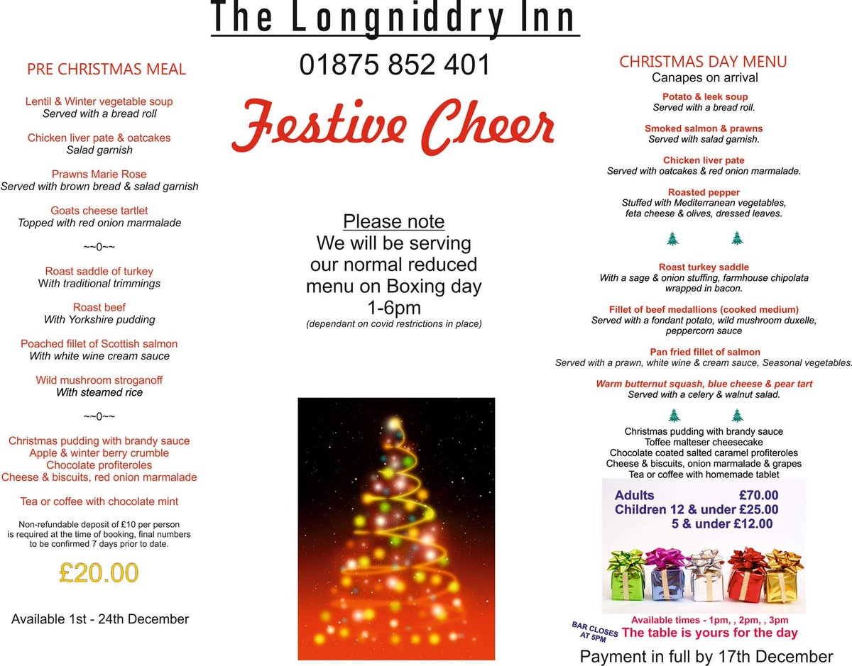 LongniddryInn's tweet photo. We are delighted to announce the arrival of our Christmas menu. https://t.co/yEWOw9JRSn