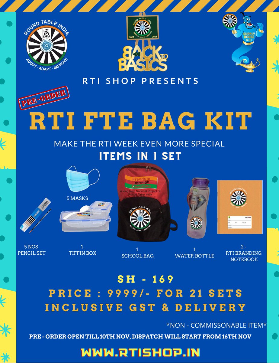 roundtableindia's tweet photo. RTI Shop Proudly Presents 
"RTI FTE BAG KIT"
This RTI Week give the underprivileged kids a reason to smile. 

Each Set consists of-
21-Bags, 21-Tiffins, 21-water bottles, 42Notebooks,105- pencils &amp; 105-Masks
Only in 9999/- including Shipping
Order Now @ https://t.co/LzX6qDpqb9 https://t.co/PEY2VTHkHn