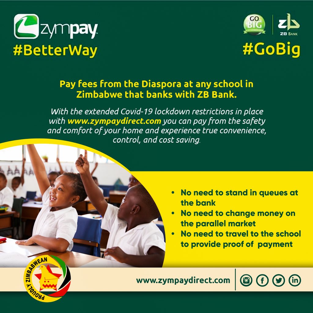 Zympay's tweet photo. Pay fees at any school in Zimbabwe that banks with ZB Bank. 

With https://t.co/5eXPuGgXyf you can pay from the comfort of your home and experience true convenience, control and cost saving. 

#zymit #betterway https://t.co/xAsx1fI9a0