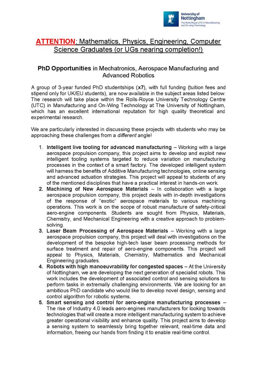 UoN_UTC's tweet photo. New fully funded #PhD opportunities in exciting topics: #IntelligentTools, #Robotics, #Mechatronics and #Manufacturing. Have a look at the 7 different studentships we are offering and become part of a leading research team. https://t.co/RqF7RlGsbO