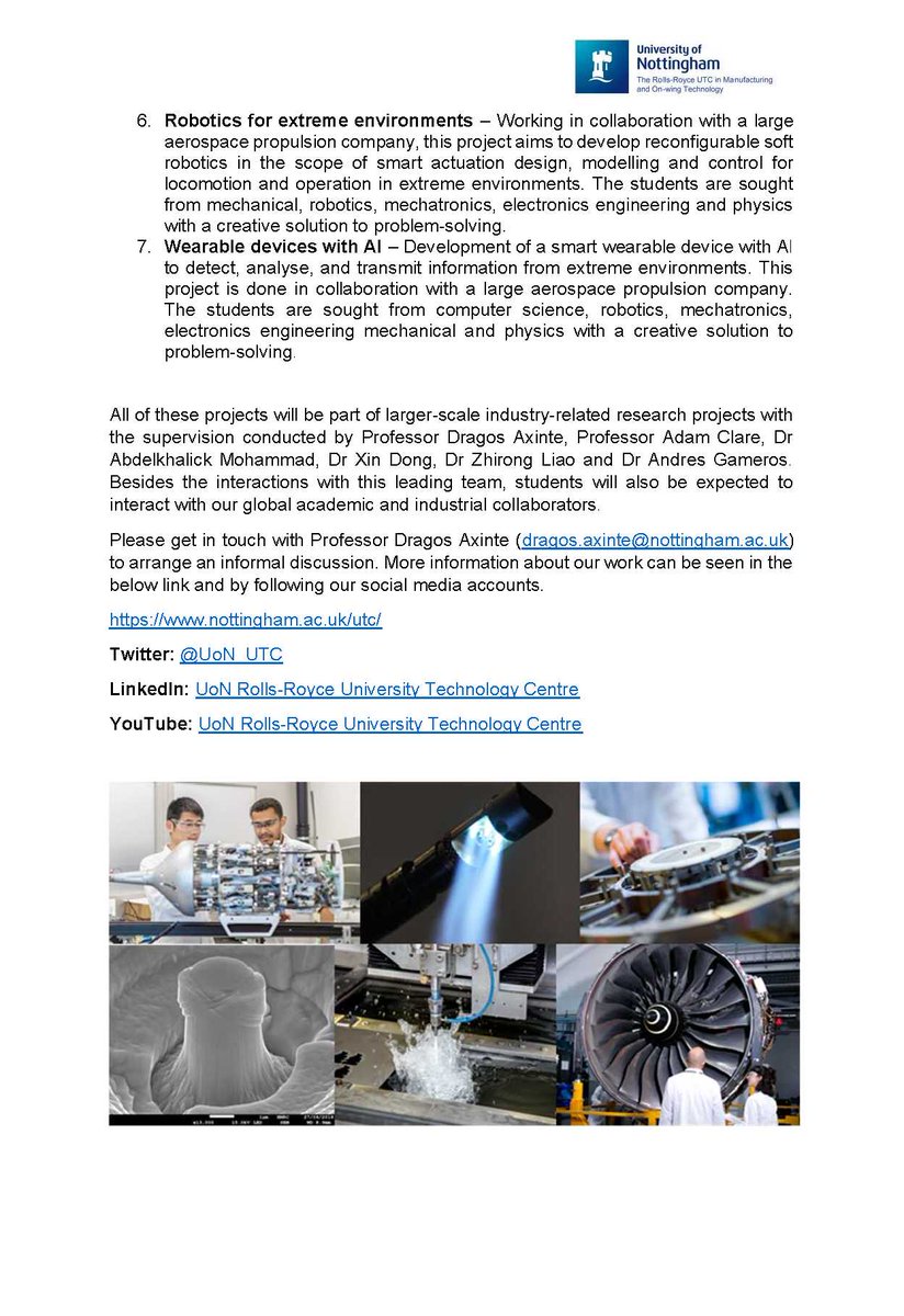 UoN_UTC's tweet photo. New fully funded #PhD opportunities in exciting topics: #IntelligentTools, #Robotics, #Mechatronics and #Manufacturing. Have a look at the 7 different studentships we are offering and become part of a leading research team. https://t.co/RqF7RlGsbO