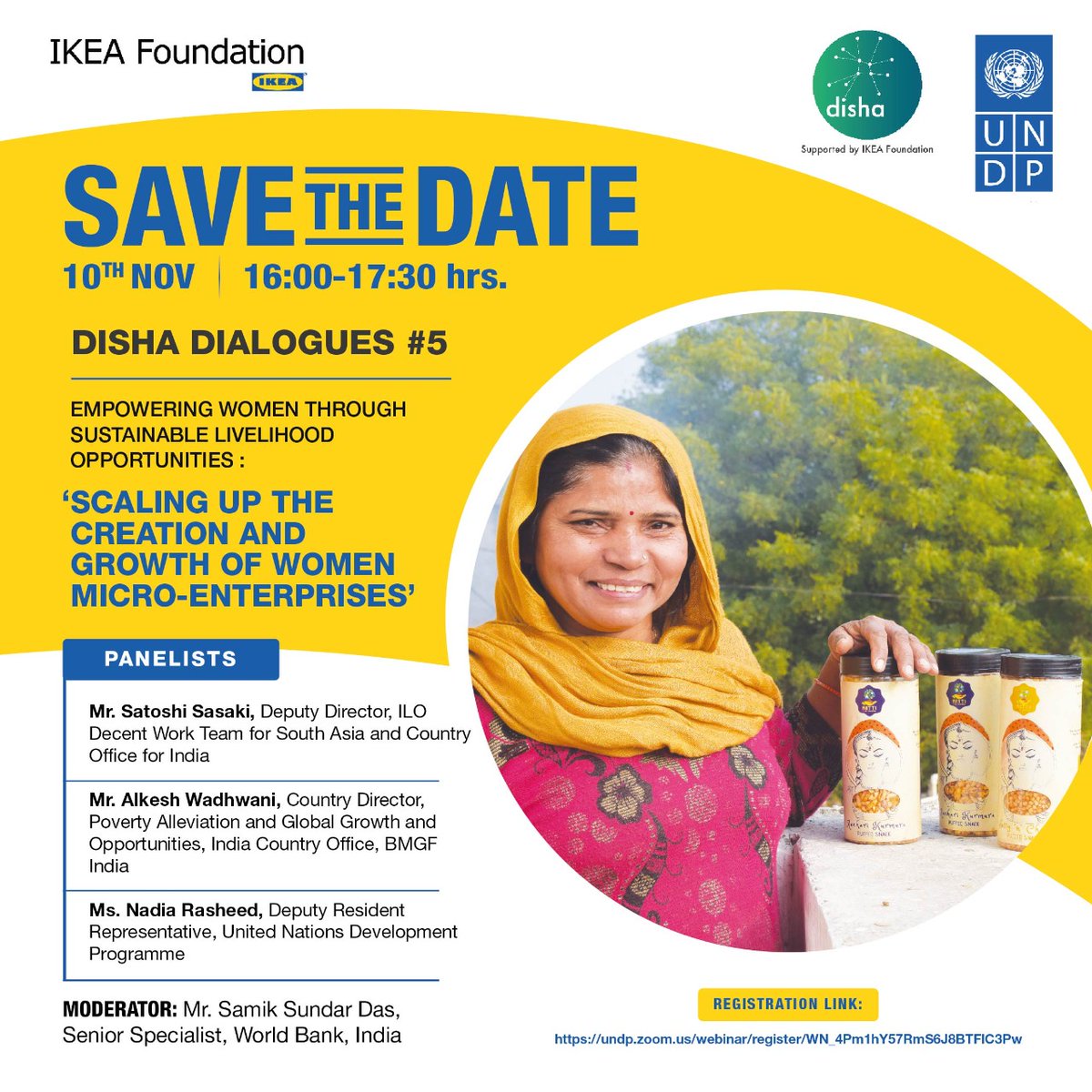 UNDP_India's tweet photo. What does promotion of micro enterprise mean for #GenderEquality &amp; ⬇️ poverty?

Join us for our 5th #DishaDialogue w/

▶️ @NadiaRashd, @UNDP 🇮🇳
▶️ Satoshi Sasaki, @ILONewDelhi 
▶️ Alkesh Wadhwani, @BMGFIndia 
▶️ @ssdas21, @WorldBankIndia 

2 discuss ⬆️ of women micro enterprises. https://t.co/NQu5eSQZQa