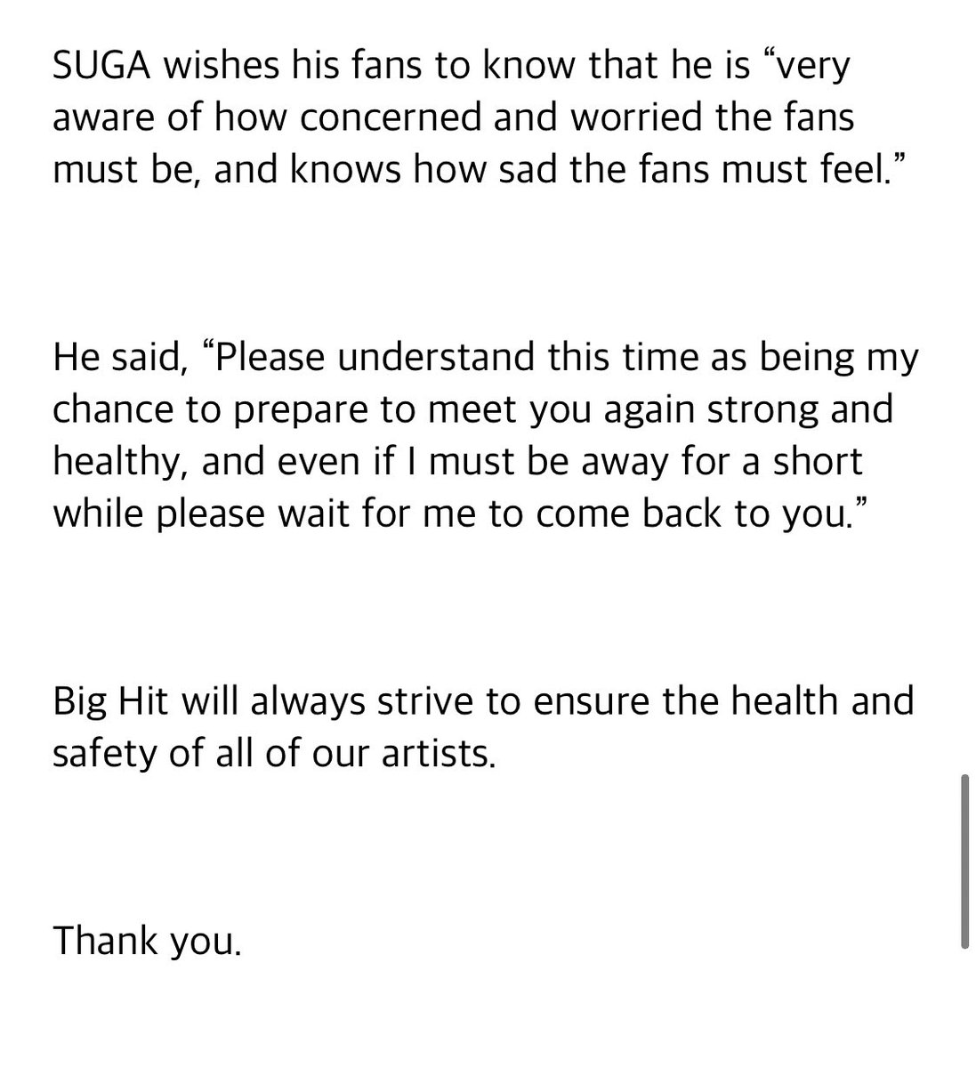 armyindonesiaa2's tweet photo. Pernyataan Official BH terkait operasi Suga

Highlight Translate:
SUGA telah lama menderita berbagai gejala termasuk ketidakmampuan utk mengangkat lengannya tinggi2 &amp; serangan rasa sakit yang tiba2. Dia menjalani rehabilitasi &amp; perawatan menerus selama karirnya, tapi(+)

@BTS_twt https://t.co/Fzae7R7JcY