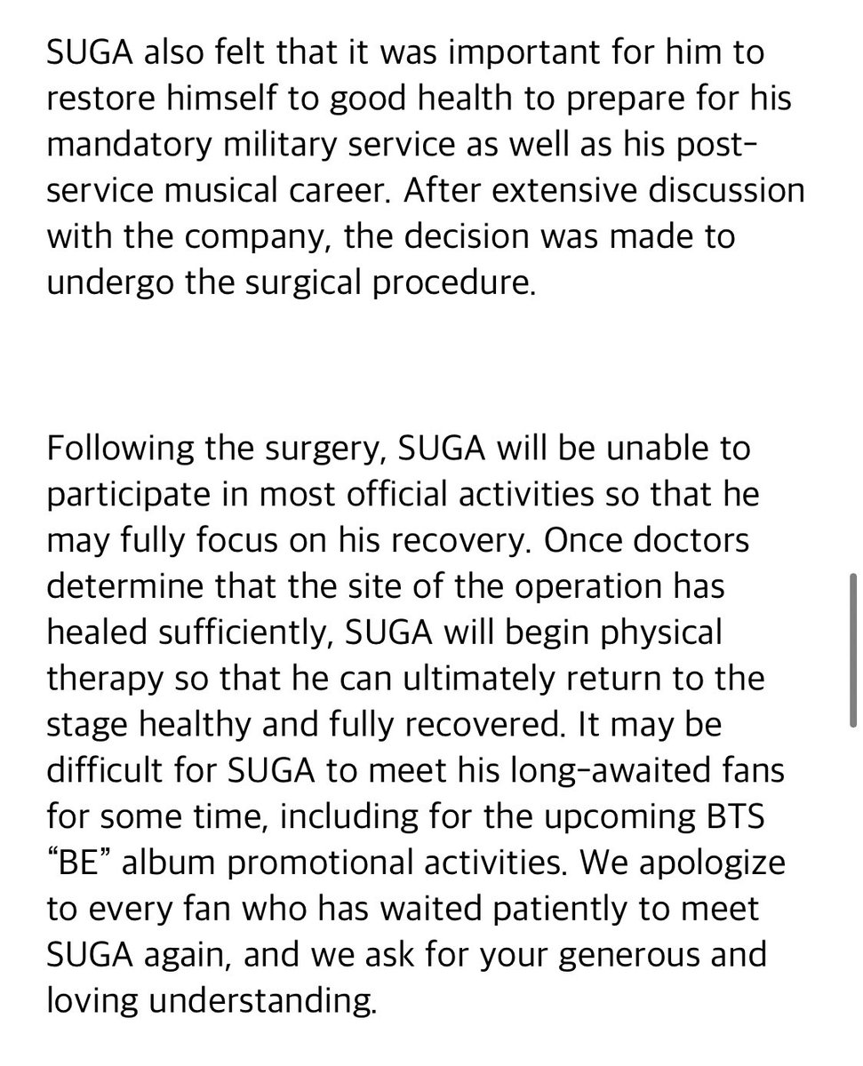 armyindonesiaa2's tweet photo. Pernyataan Official BH terkait operasi Suga

Highlight Translate:
SUGA telah lama menderita berbagai gejala termasuk ketidakmampuan utk mengangkat lengannya tinggi2 &amp; serangan rasa sakit yang tiba2. Dia menjalani rehabilitasi &amp; perawatan menerus selama karirnya, tapi(+)

@BTS_twt https://t.co/Fzae7R7JcY